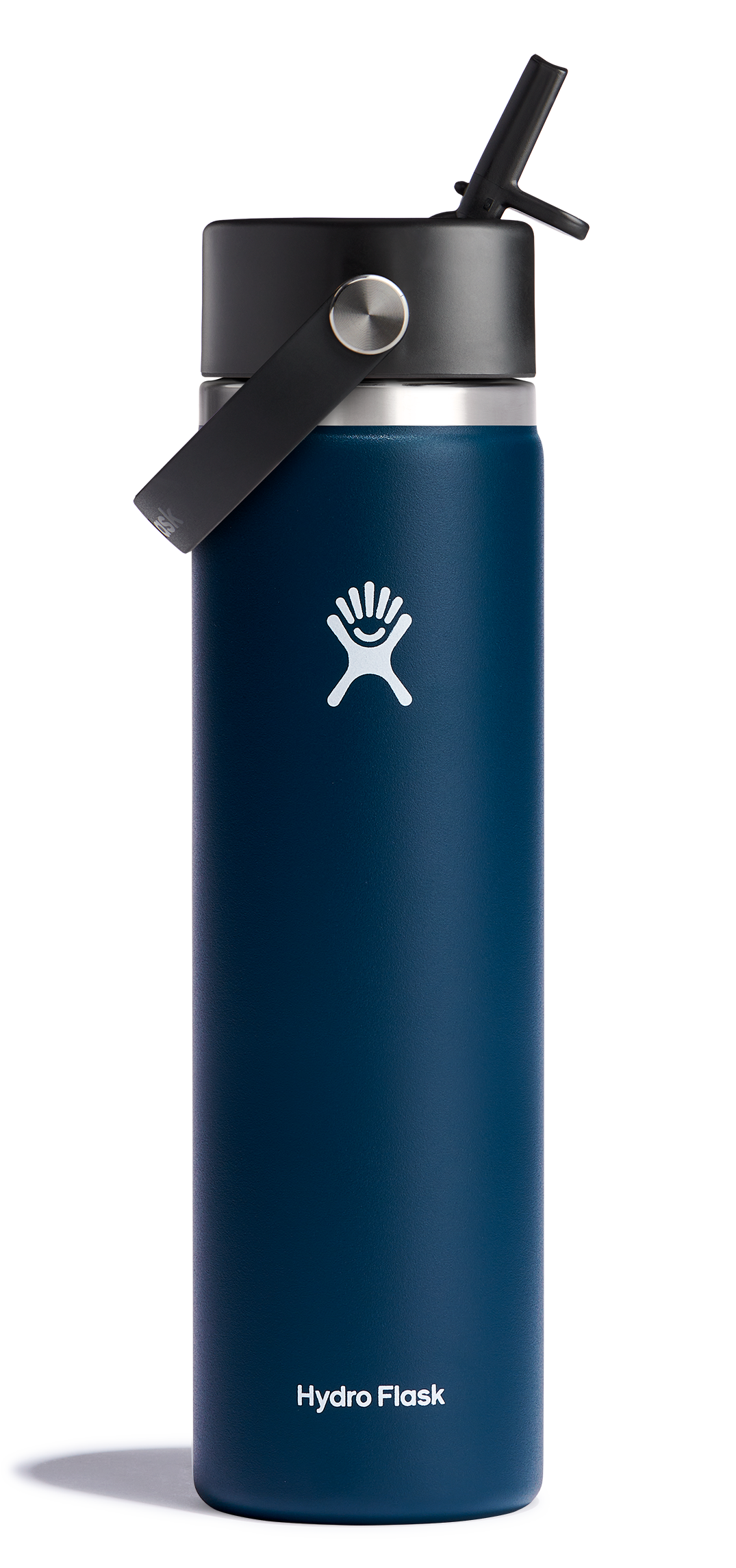 Hydro Flask Wide Mouth Insulated Water Bottle with Flex Straw Cap in blue, perfect for keeping drinks cold or hot.
